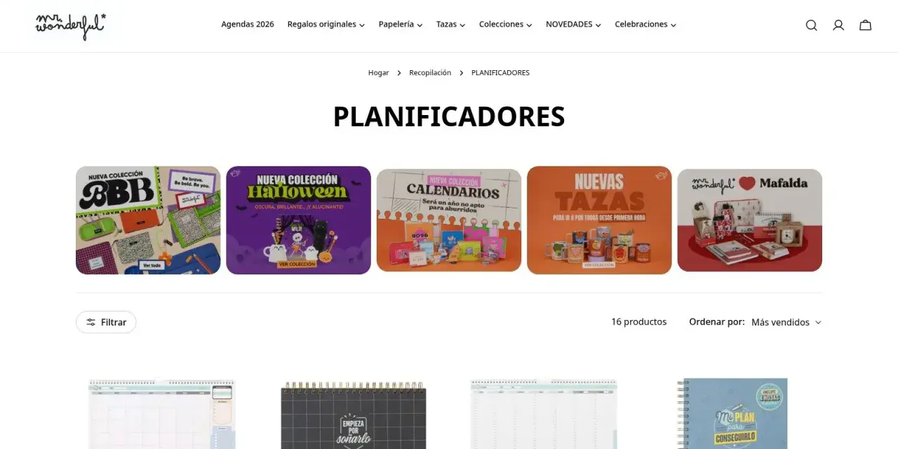 Página de planificadores de Mr. Wonderful. Explora colecciones de agendas, calendarios y tazas para agendar citas online y organizar tu vida.