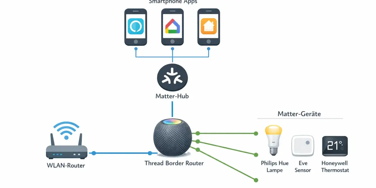 Schema der Matter und Thread Smart Home Architektur: Smartphone-Apps steuern den Matter-Hub, der mit dem Thread Border Router verbunden ist. Dieser kommuniziert mit Matter-Geräten wie Philips Hue, Eve Sensor und Honeywell Thermostat.
