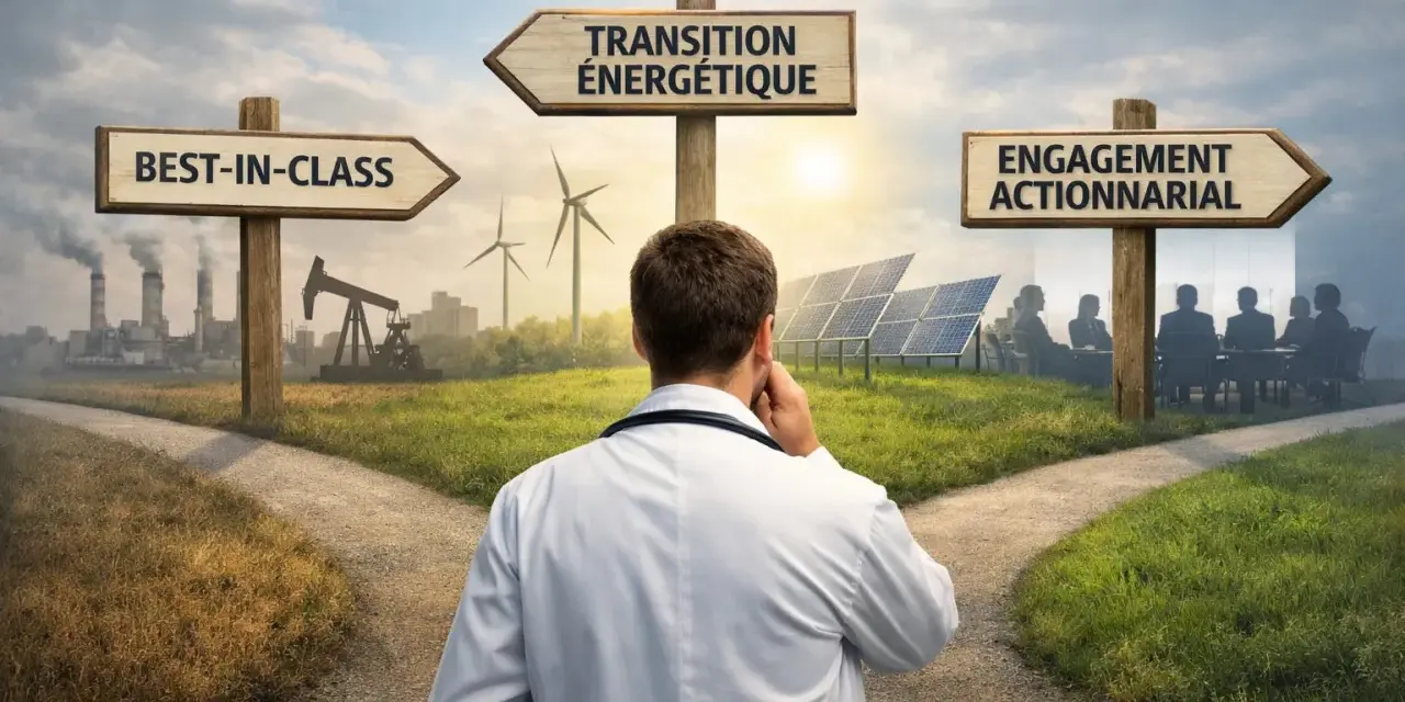 Un médecin réfléchit à un carrefour : industrie polluante, transition énergétique ou engagement actionnarial. Un choix crucial pour le mariage communauté universelle.