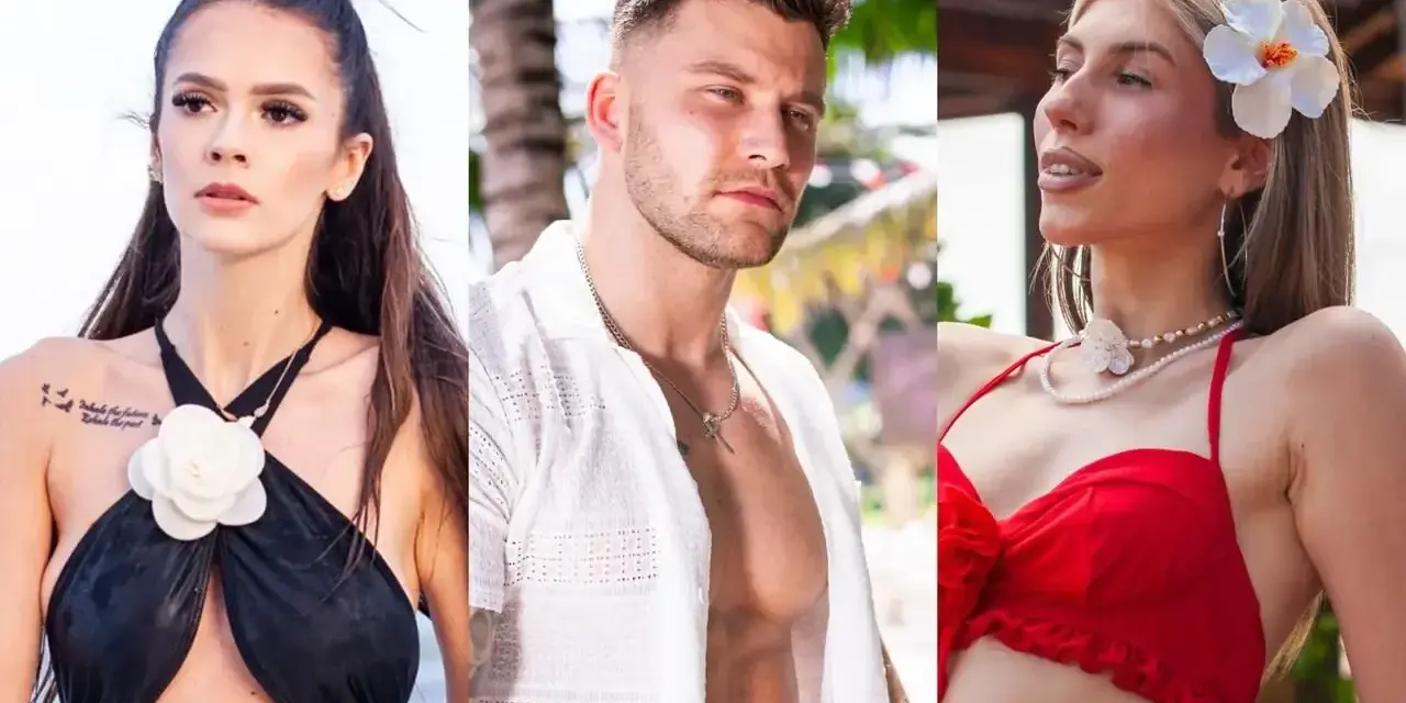 Trzy osoby na tle tropikalnego hotelu. Kobieta w czarnym stroju kąpielowym, mężczyzna w białej koszuli i kobieta w czerwonym bikini. Hotel Paradise 12.