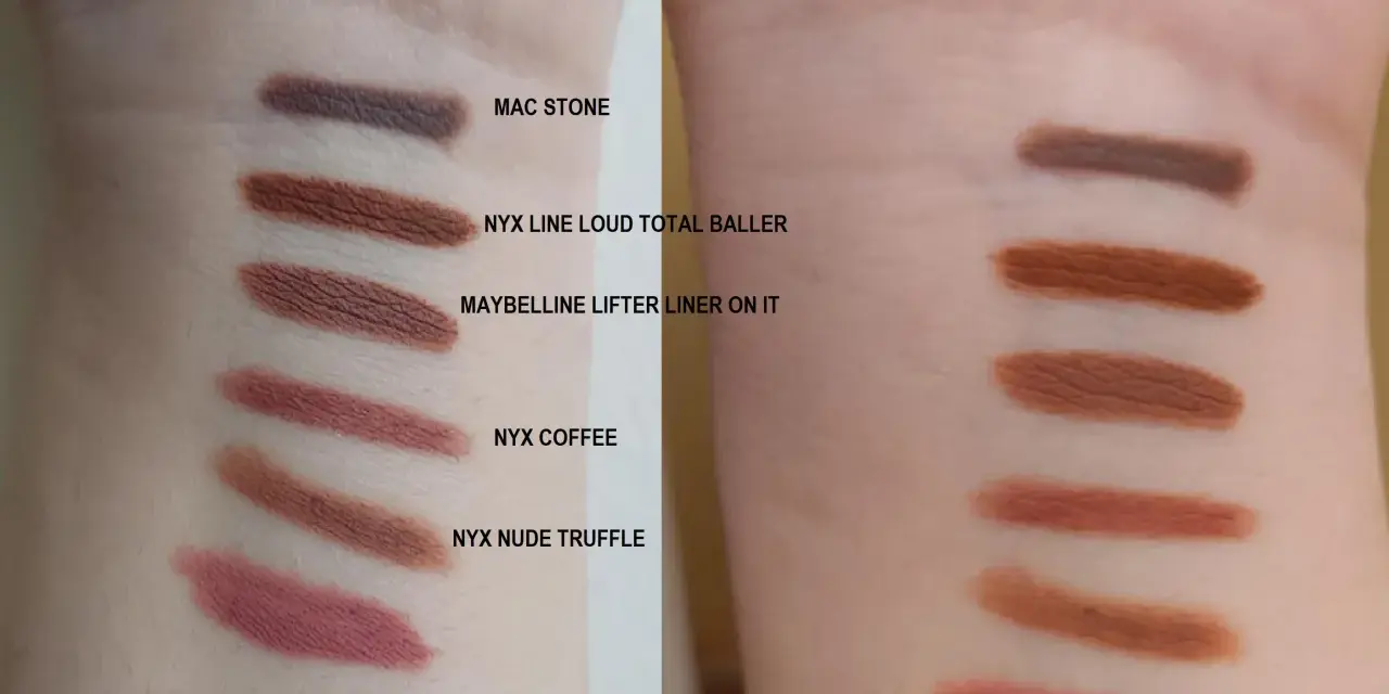 Testy odcieni na przedramieniu, w tym Maybelline Lifter Liner.