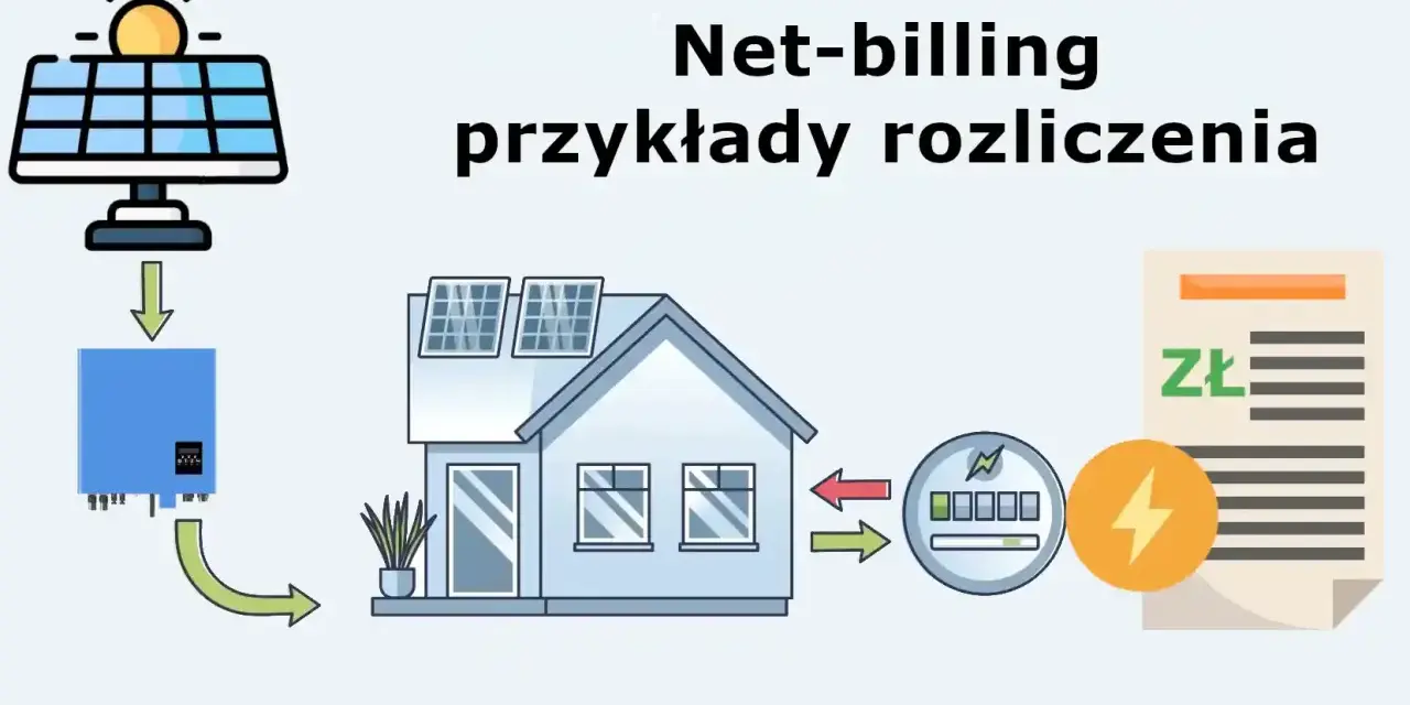 Schemat ilustruje net-billing i net metering: panele słoneczne, falownik, dom, licznik energii i rachunek.