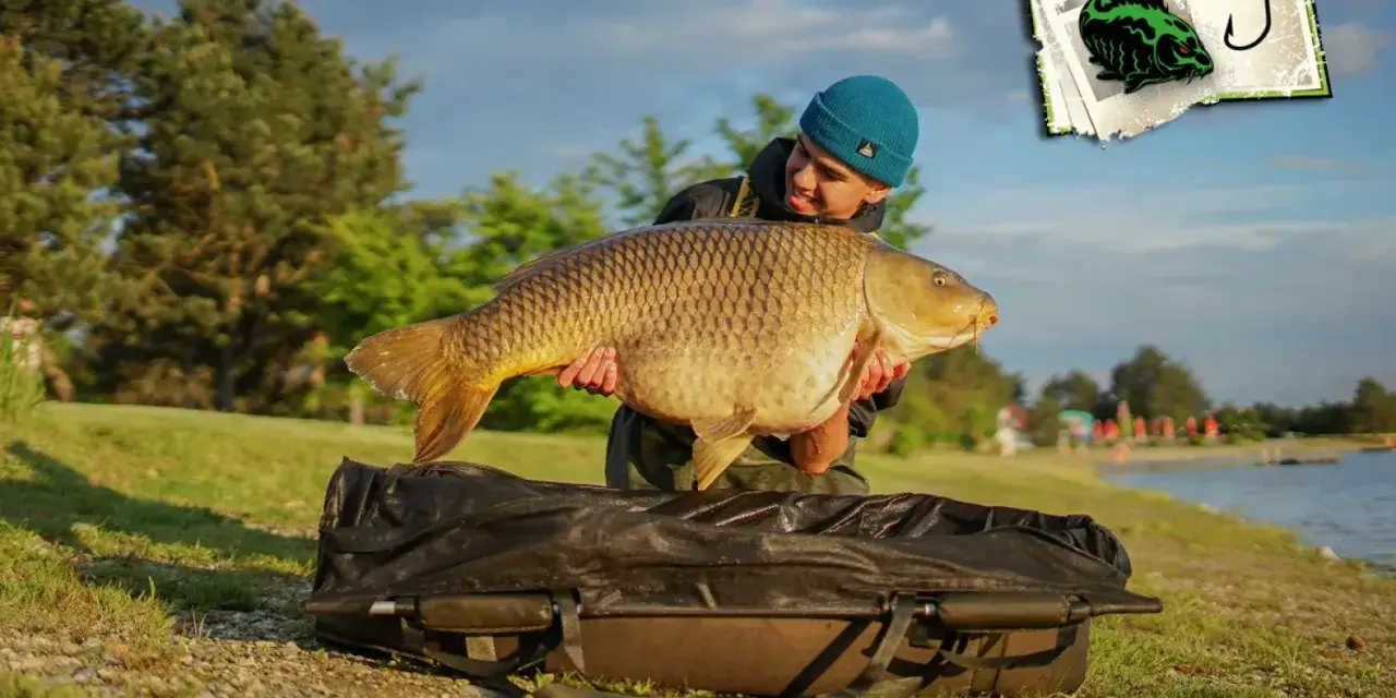 Glücklicher Angler präsentiert stolz einen riesigen Karpfen am Schwerborner See.