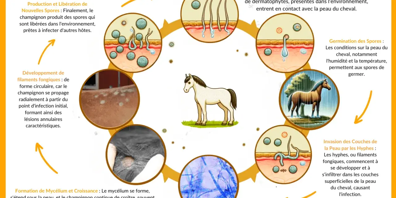 Cycle de vie du champignon responsable de la teigne cheval, montrant la contamination, la germination des spores, l'invasion de la peau et la formation de lésions caractéristiques.