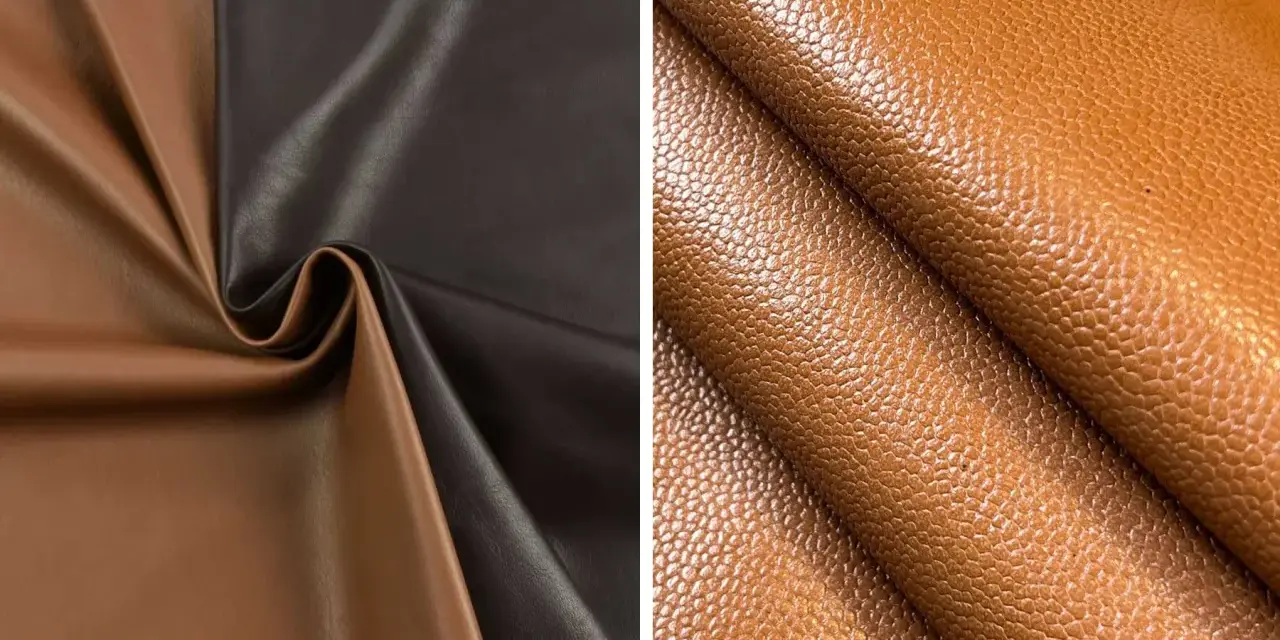 Dos tipos de cuero: uno liso en marrón y negro, y otro con textura granulada en tono coñac.