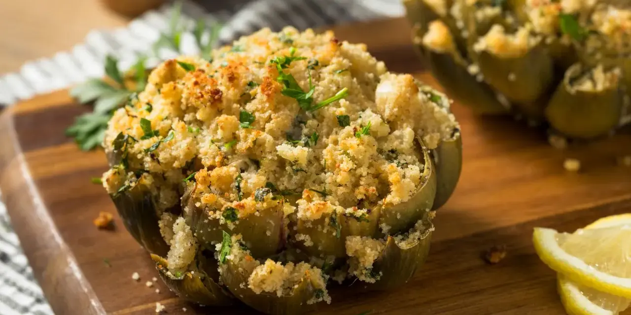 Carciofi ripieni e dorati, cotti alla perfezione nella friggitrice ad aria, guarniti con prezzemolo fresco e spicchi di limone.
