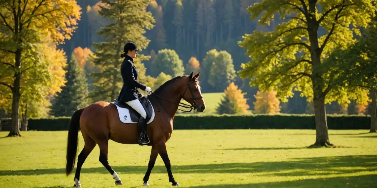 Une cavalière en tenue d'équitation monte un cheval brun dans un pré verdoyant, avec des arbres aux couleurs d'automne en arrière-plan. Un cadre idéal pour un gîte équestre.