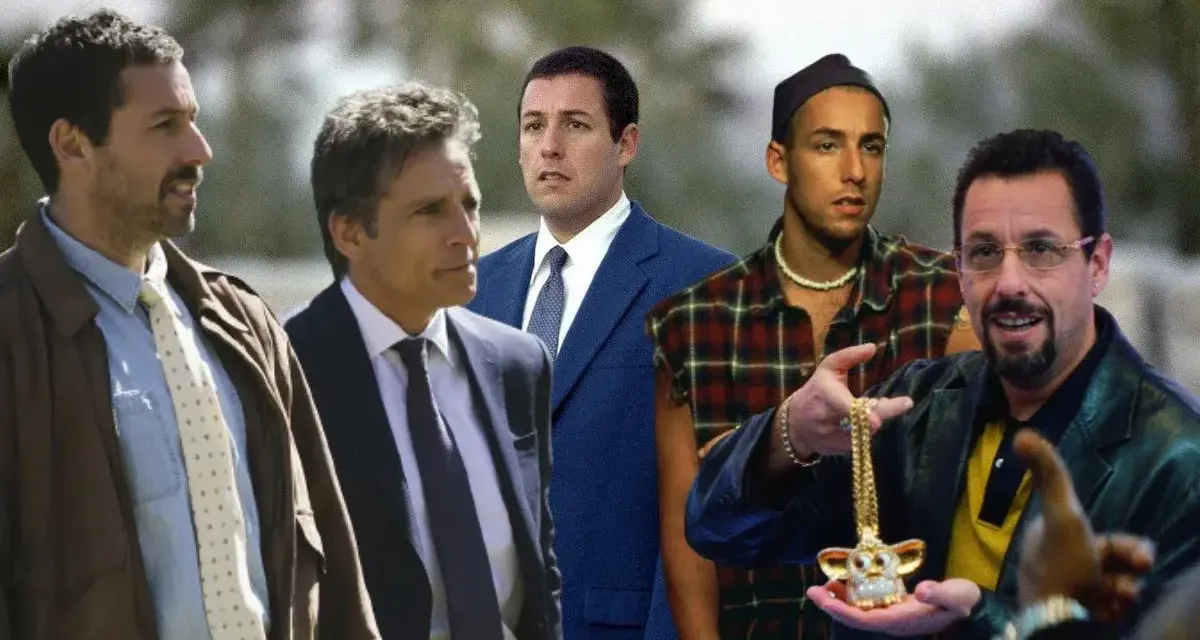 Adam Sandler w swoich kultowych rolach z filmów. Widać go w różnych stylizacjach, od eleganckiego garnituru po luźniejszy strój z naszyjnikiem.