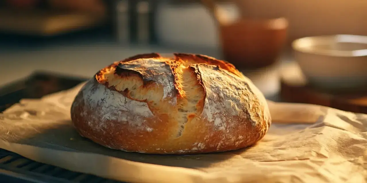 Ein rustikales Sauerteigbrot liegt auf Backpapier. Die Kruste ist goldbraun, aber das Brot geht nicht auf, was auf einen Backfehler hindeutet.