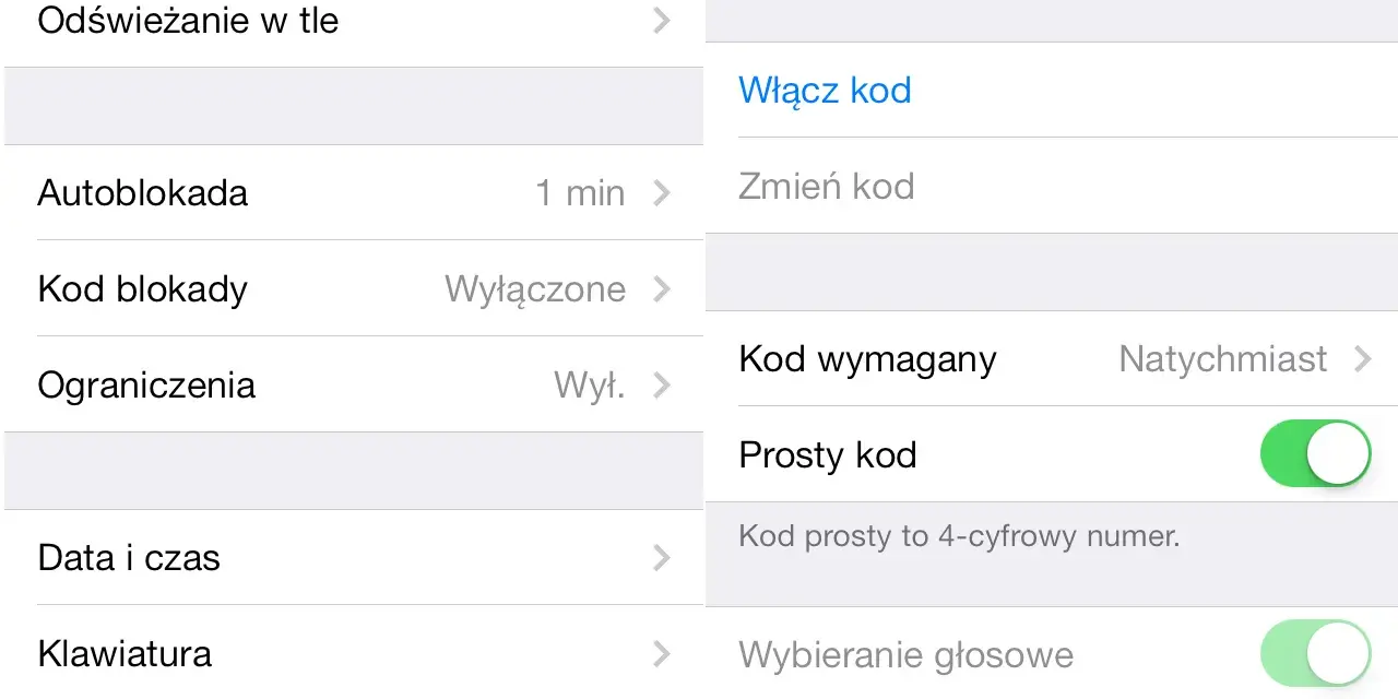 Ustawienia telefonu, sekcja "Ogólne". Widoczny jest "Kod blokady" ustawiony na "Wyłączone". To pierwszy krok, by dowiedzieć się, jak wyłączyć blokadę ekranu.