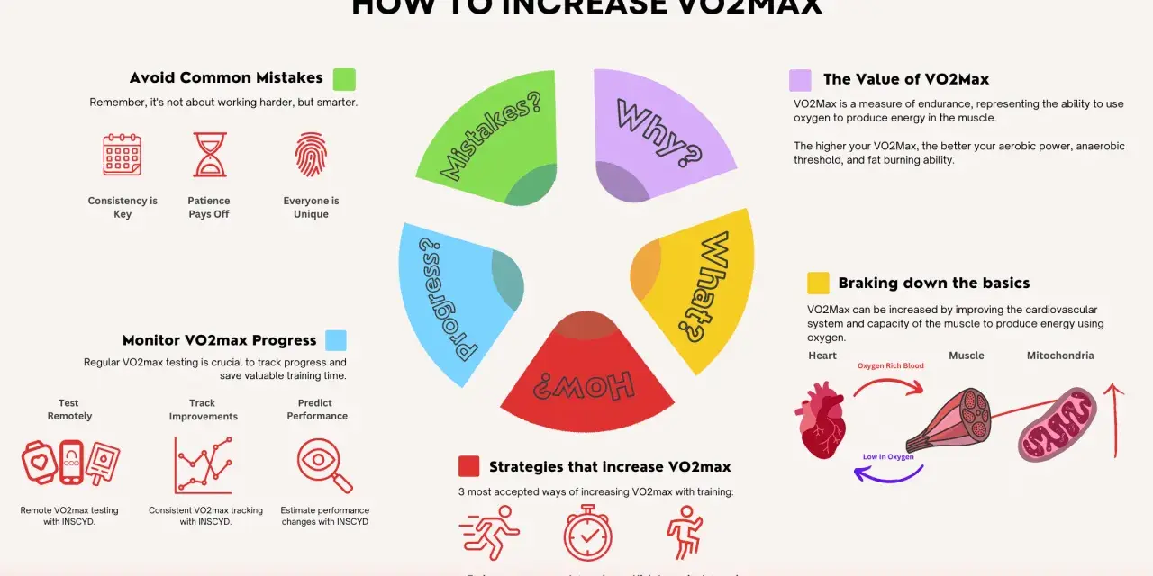 Infographic on increasing VO2 max, covering common mistakes, progress monitoring, and training strategies. A VO2 max of 50 is a good target.
