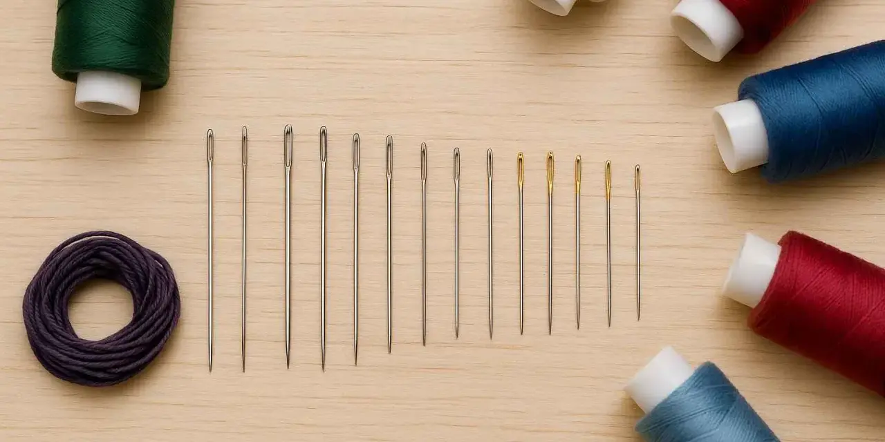 Un surtido de agujas de coser y carretes de hilo de colores: verde, morado, blanco, rojo y azul. ¡Qué hilo de hilo tan variado!