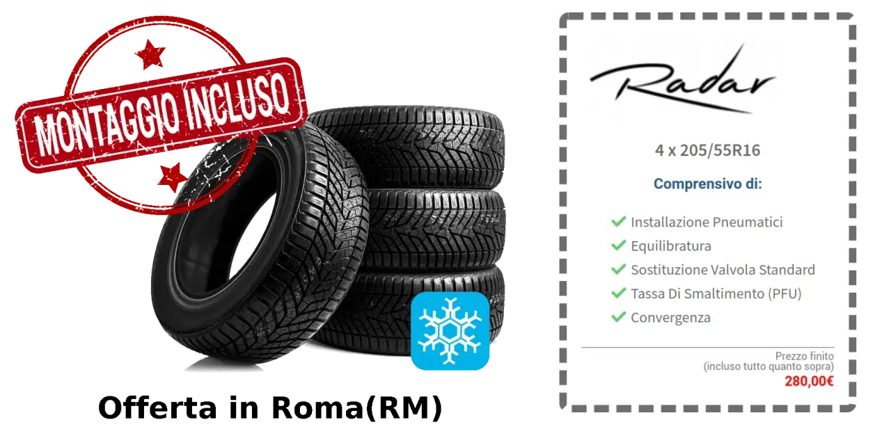 Offerta pneumatici invernali Radar con montaggio incluso. La freccia rotazione indica la possibilità di scegliere la direzione di montaggio. Prezzo 280€.