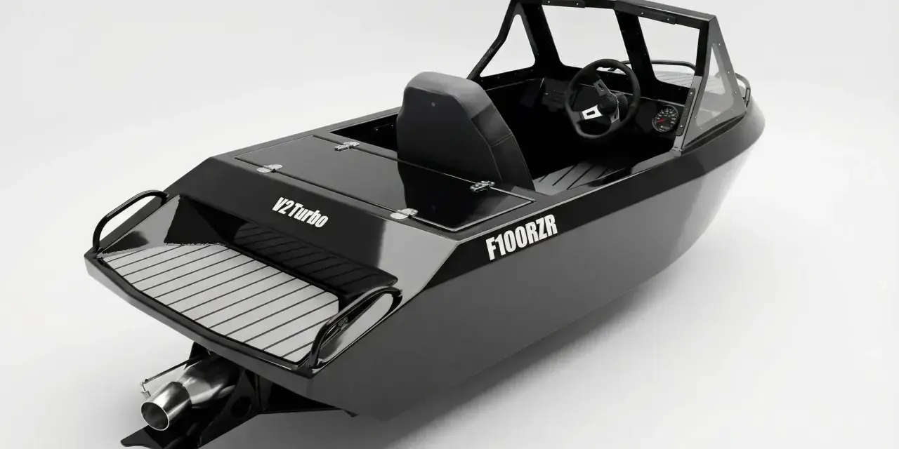 Czarna łódka sportowa F100RZR z kierownicą i siedzeniem. Dowiedz się, jak zarejestrować łódkę, by cieszyć się wodnymi przygodami.