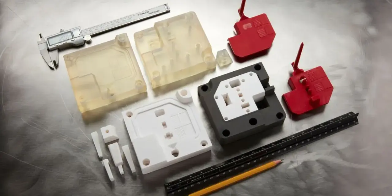 Various 3d printed molds, including clear, white, and red plastic components, are laid out with a caliper, ruler, and pencil on a metallic surface.