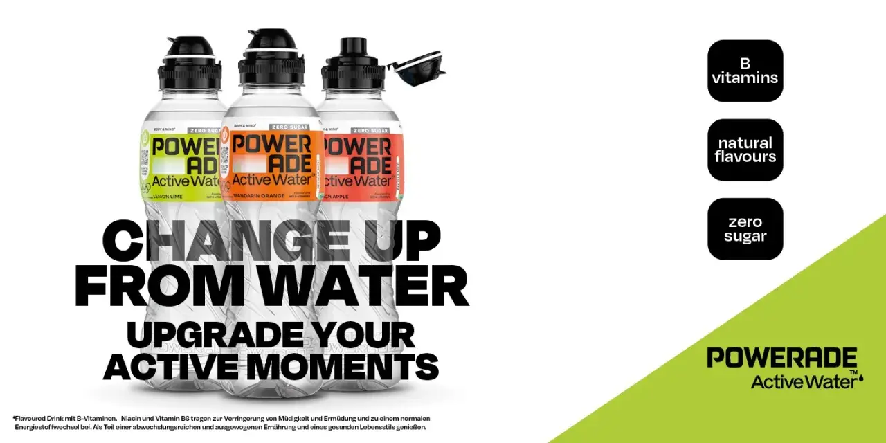 Powerade Active Water: B-Vitamine, natürliche Aromen, null Zucker. Ab wie viel Jahren ist Powerade? Für alle aktiven Momente!