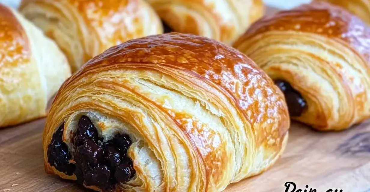 Un délicieux pain au chocolat, feuilleté et doré, avec une garniture au chocolat fondant. Parfait pour le petit-déjeuner.