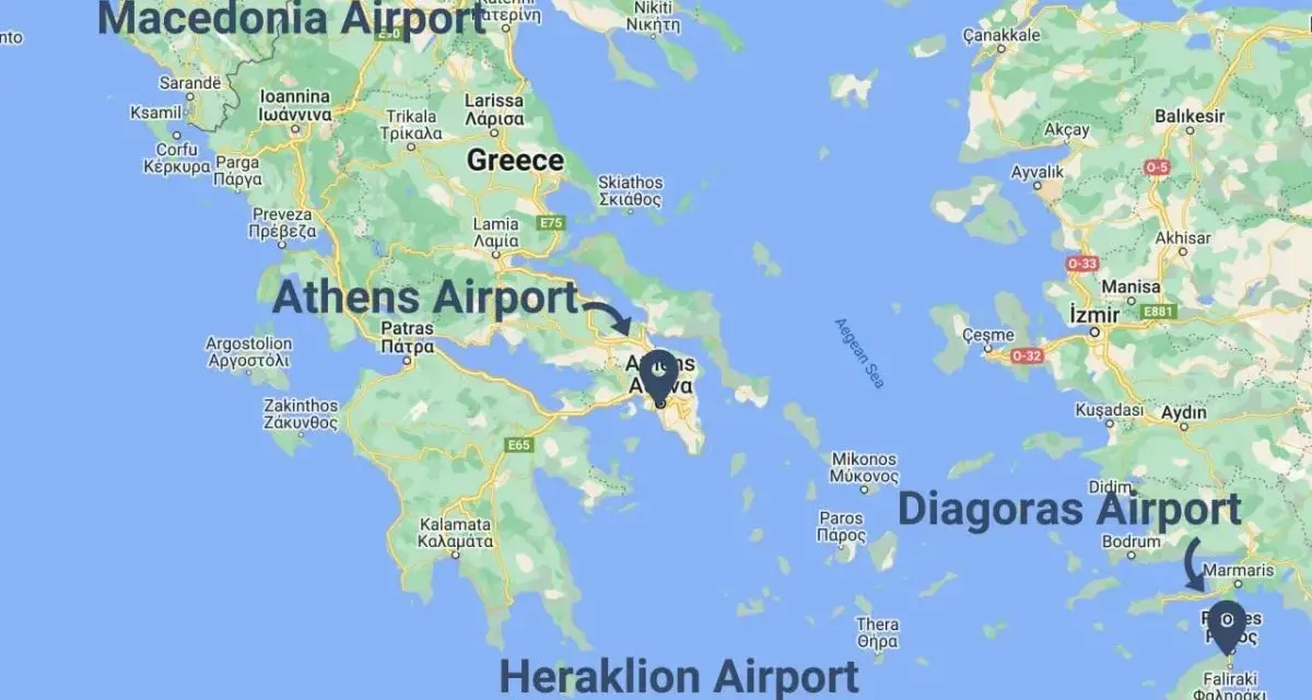 Główne lotniska w Grecji: Macedonia Airport, Athens Airport, Diagoras Airport i Heraklion Airport.