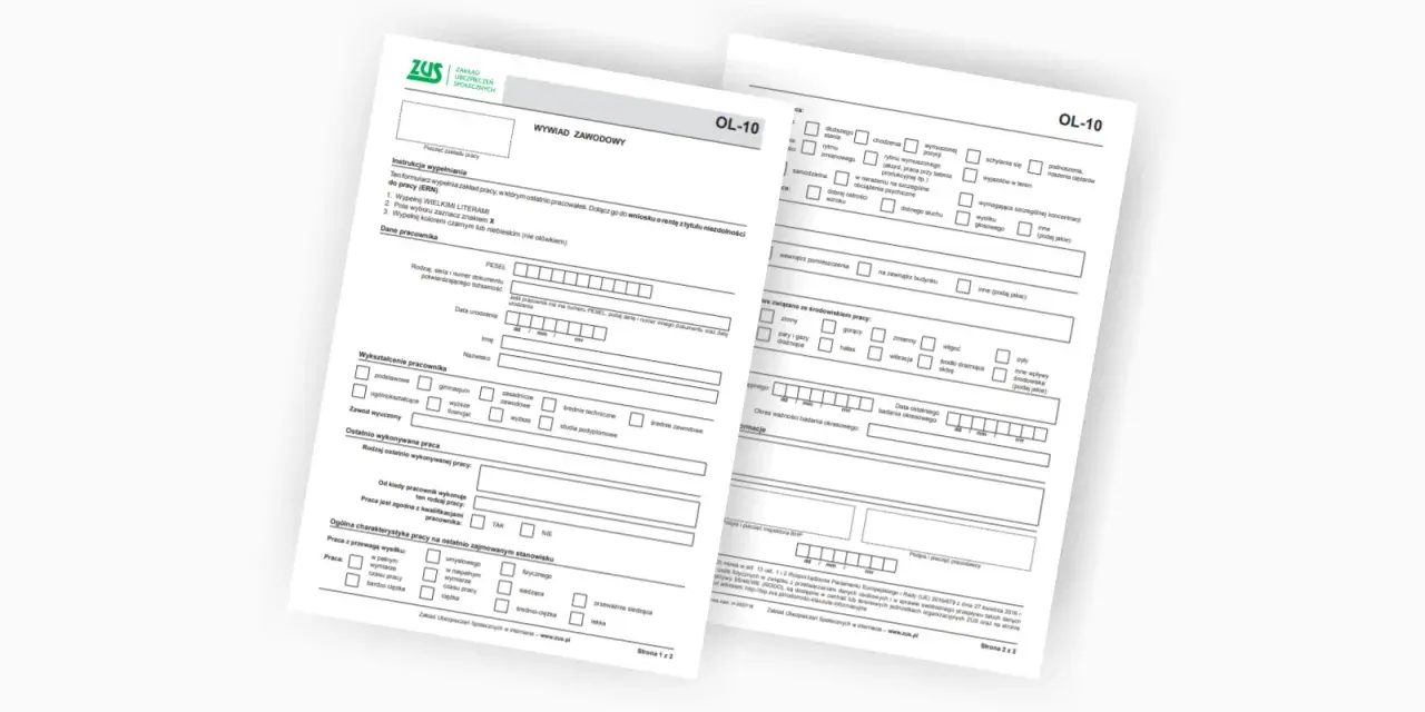 Karta czynności opiekuna medycznego - formularz ZUS OL-10 do wypełnienia przez pracodawcę, zawiera dane pracownika i opis stanowiska.
