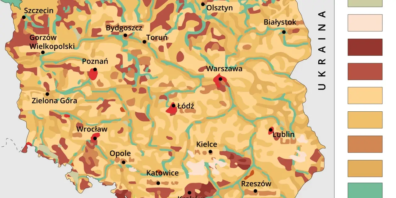 Mapa przedstawiająca zróżnicowanie gleb w Polsce, z zaznaczonymi miastami i granicami państwowymi.
