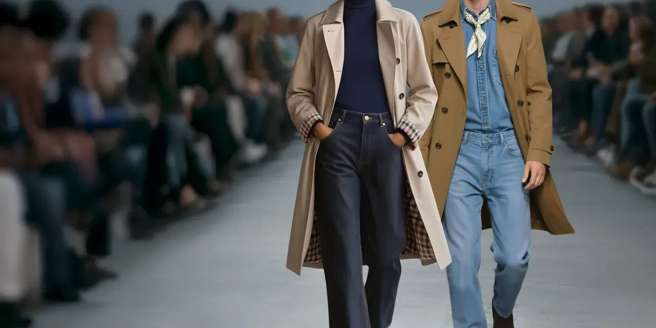 Modelka i model prezentują stylizacje na pokazie. Klasyczne trencze i jeansy to ponadczasowa moda 2026.