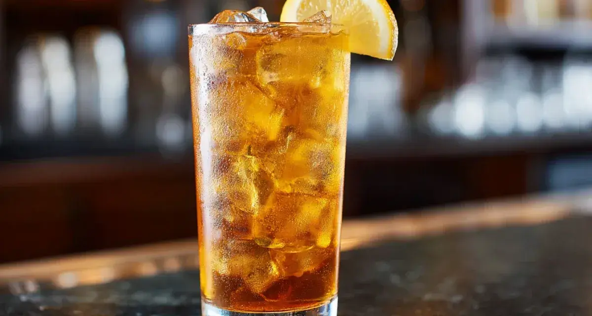 Ett glas Long Island Iced Tea med is och en citronskiva, redo att avnjutas vid en bar.