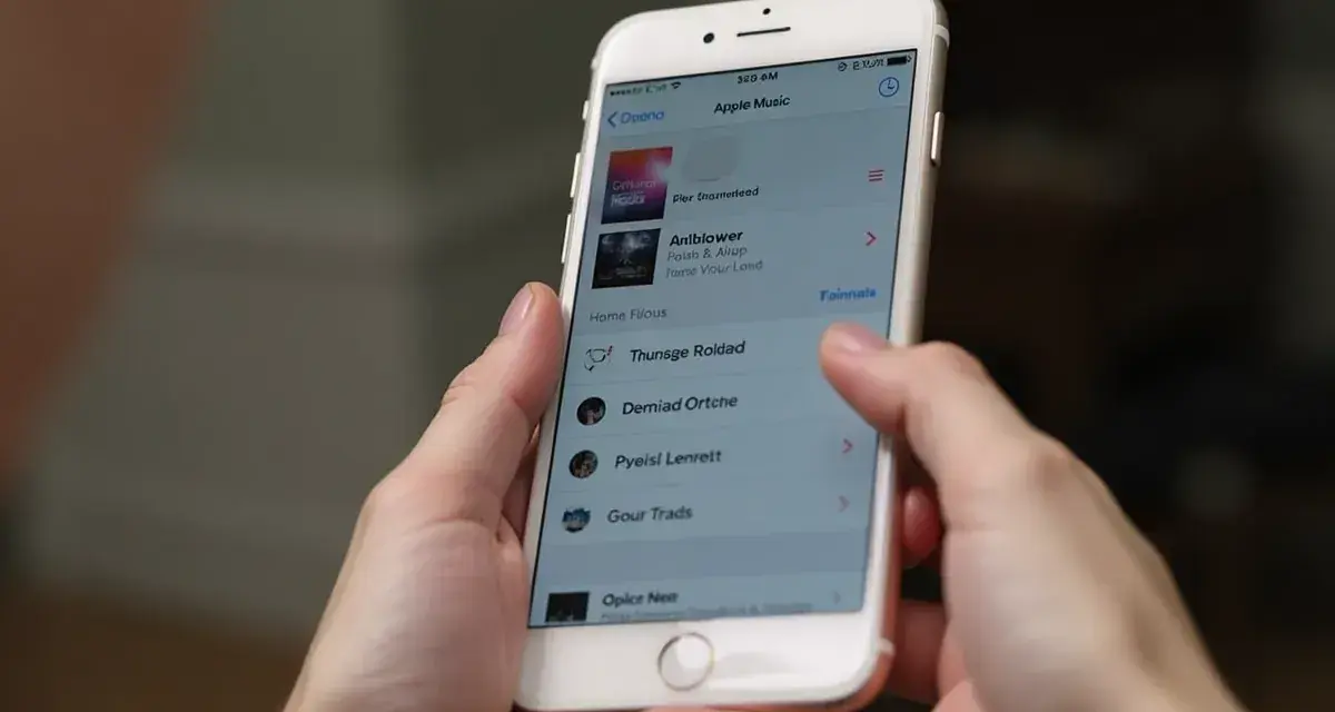 Ręce trzymają iPhone'a z otwartą aplikacją Apple Music. Widoczna lista utworów, która może pomóc w nauce, jak pobrać muzykę na iPhone'a.
