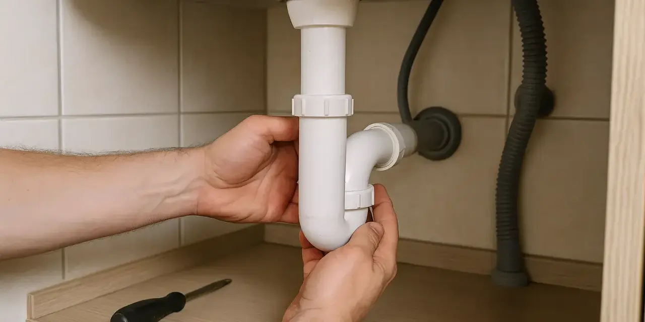 Mains de personne réparant un siphon bouché sous un évier. Un tournevis est posé sur une étagère.