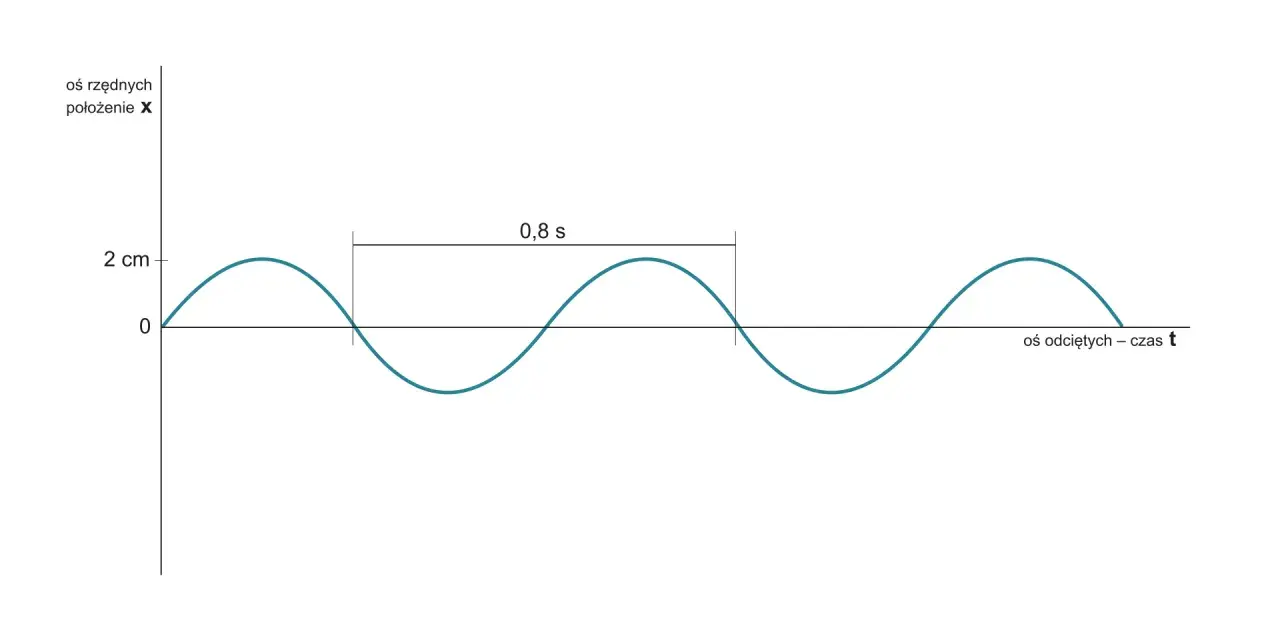 Wykres położenia w funkcji czasu. Amplituda drgań wynosi 2 cm. Okres drgań to 0,8 s.