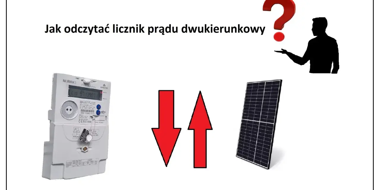 Licznik dwukierunkowy Tauron, panel słoneczny i strzałki pokazujące przepływ energii. Jak odczytać licznik?