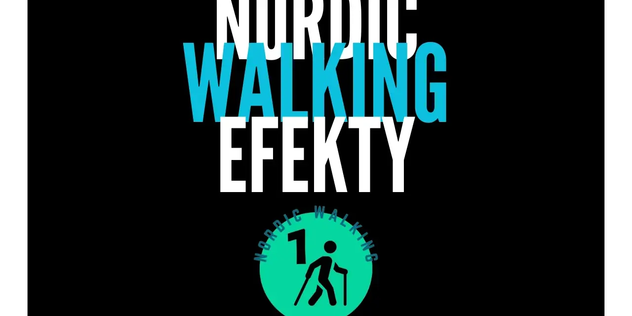 Napis "NORDIC WALKING EFEKTY" z ikoną osoby z kijkami. Odkryj korzyści z nordic walking!
