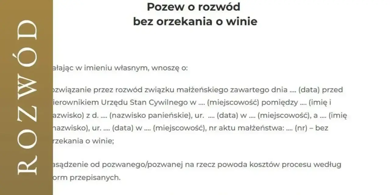 Pozew o rozwód bez orzekania o winie. Dokument zawiera dane potrzebne do ustalenia, czy powód dostaje odpowiedź na pozew.