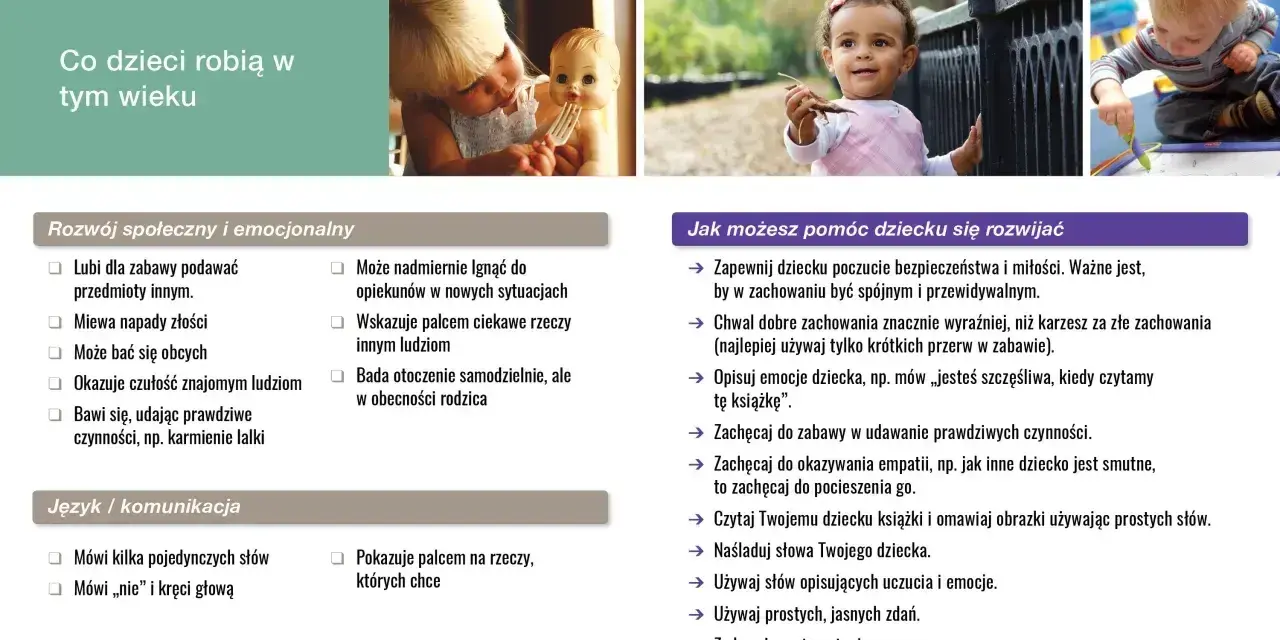 Dziecko 18 miesięczne nie chodzi samodzielnie, ale rozwija się społecznie i emocjonalnie.