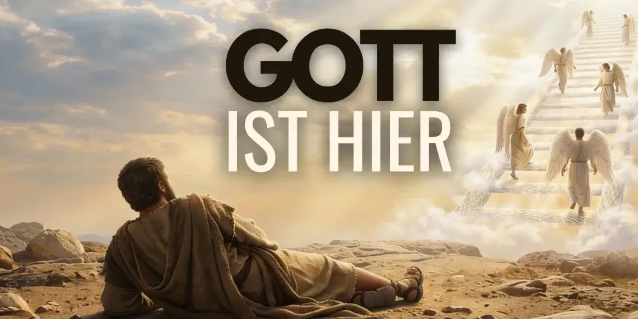 Jakub sieht eine Himmelsleiter mit Engeln, die aufsteigen. Gott ist hier, wie in Genesis 28,15.
