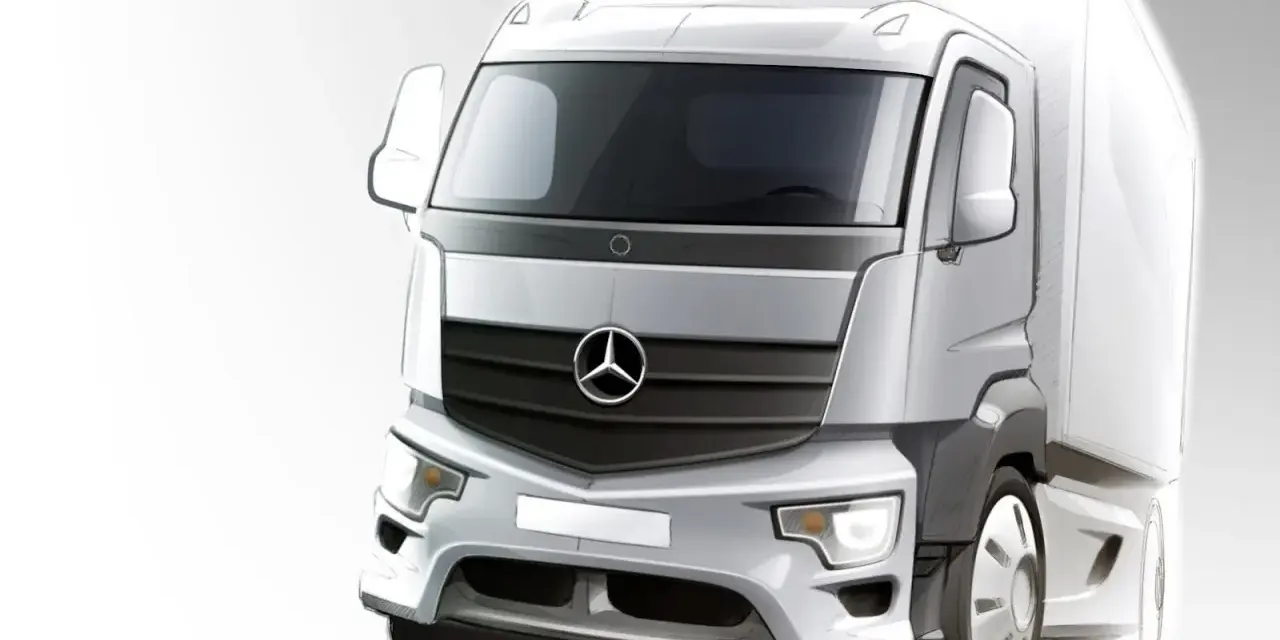 Szkic koncepcyjny ciężarówki Mercedes Antos z charakterystyczną atrapą chłodnicy i logo.