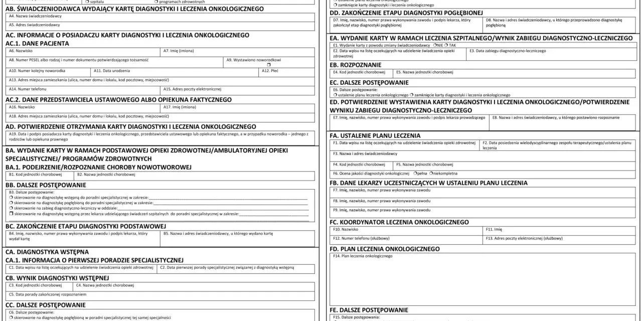 Karta diagnostyki i leczenia onkologicznego zawiera dane pacjenta, rozpoznanie, plan leczenia i dalsze postępowanie.