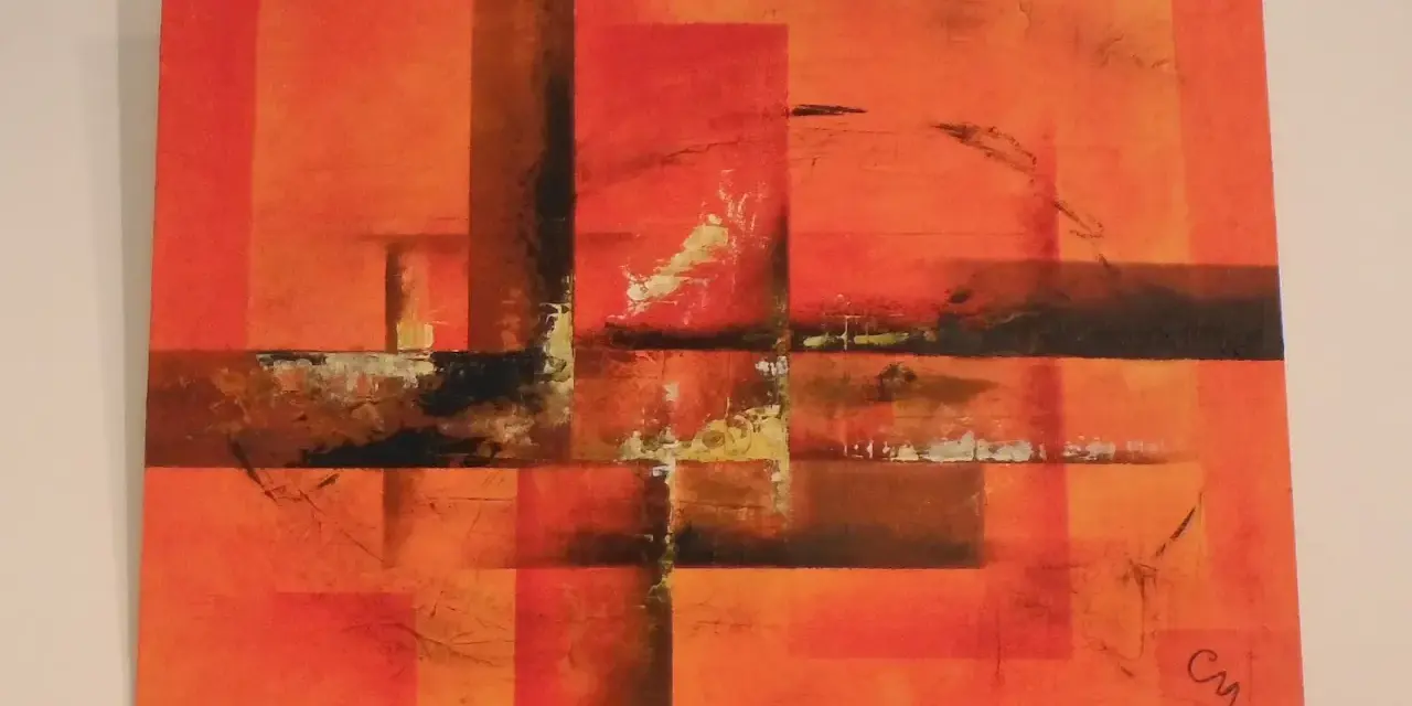 Abstraction vibrante aux tons orangés, où des rectangles et des lignes sombres s'entrecroisent. Une œuvre en peindre acrylique sans trace de pinceau, évoquant une texture riche.