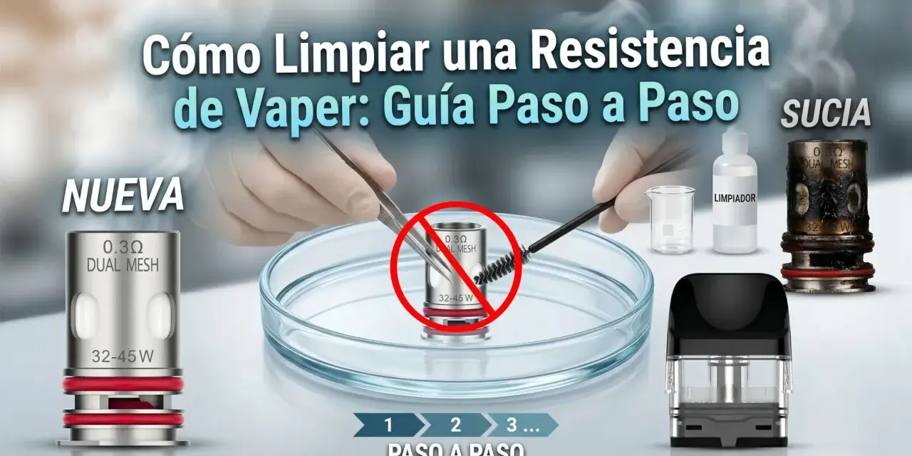 Guía para limpiar resistencia vape: muestra una resistencia nueva y una sucia, con herramientas para su mantenimiento.