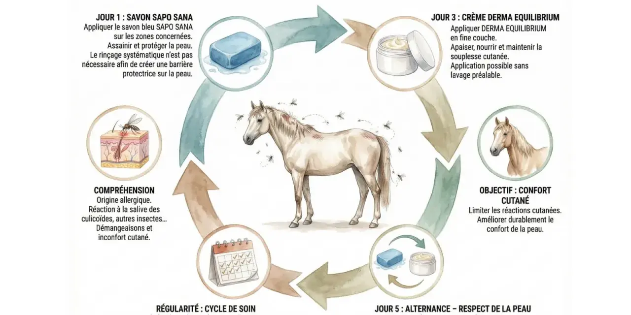 Routine de soin pour la dermite estivale du cheval : comprendre, assainir, apaiser et alterner pour le confort cutané.