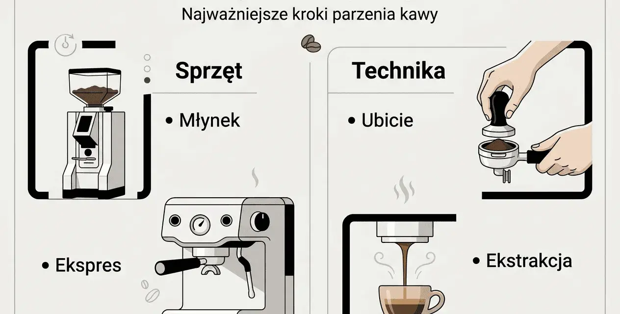 Ilustracja pokazuje kluczowe etapy, jak zrobić espresso: młynek, ekspres, ubicie kawy i ekstrakcję.