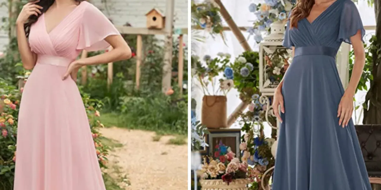 Dos vestidos largos de fiesta, uno rosa y otro azul, perfectos para lucir elegante.
