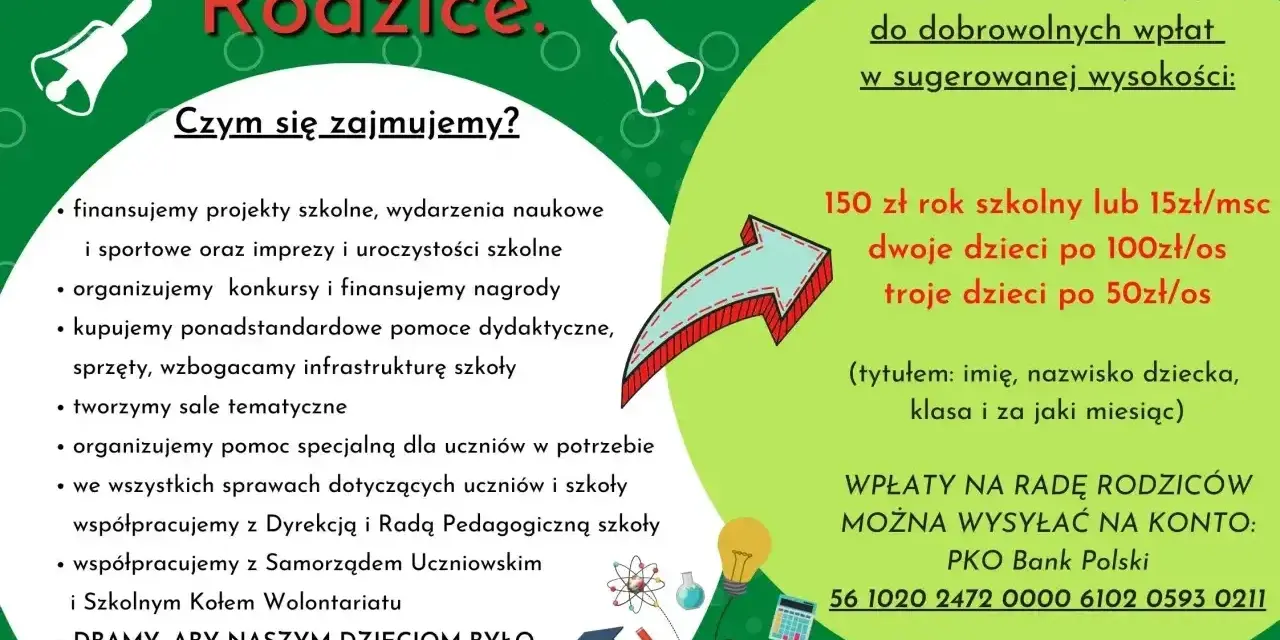 Rada rodziców działa na rzecz uczniów: finansuje projekty, organizuje konkursy, kupuje pomoce dydaktyczne i dba o dobro dzieci w szkole.