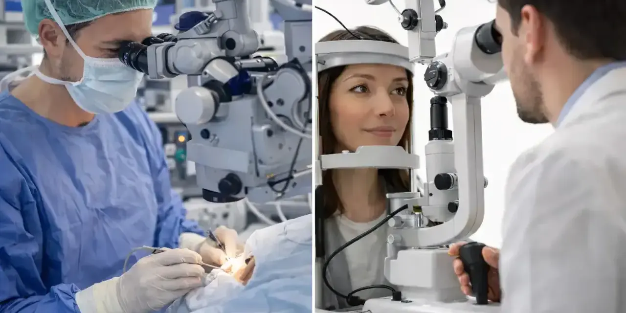 Optometrysta to specjalista od wzroku. Na zdjęciu widzimy go podczas operacji oka i badania wzroku pacjentki.