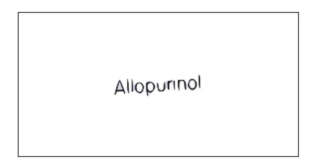 Napis "Allopurinol" na białym tle. Lek Milurit 300 pomaga w leczeniu dny moczanowej.