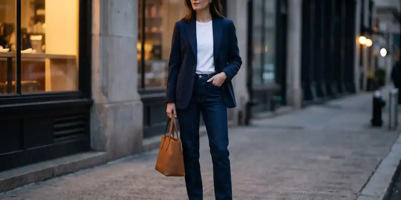 Kobieta w granatowej marynarce i jeansach, z brązową torbą, prezentuje styl semi formal na ulicy.