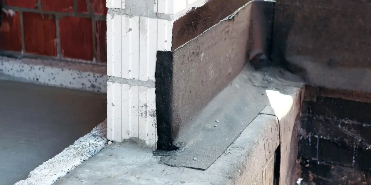 Fragment budowy z widoczną izolacją przeciwwilgociową, czyli papą na fundament. Widać beton, pustaki i czarną masę izolacyjną.