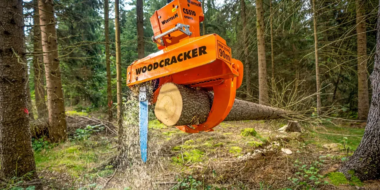 Pomarańczowe maszyny leśne do zrywki drewna, model Woodcracker, tną pień drzewa w lesie.