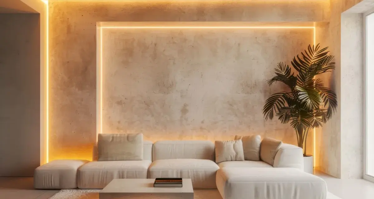 Sofá blanco y alfombra mullida, en un salón moderno con las últimas tendencias en iluminación, creando un ambiente cálido y acogedor.
