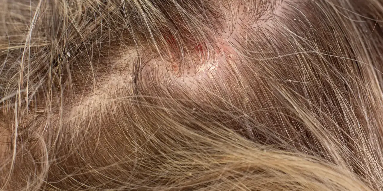Nahaufnahme der Kopfhaut mit Haaren, die einen roten, schuppigen schorf am hinterkopf zeigen.