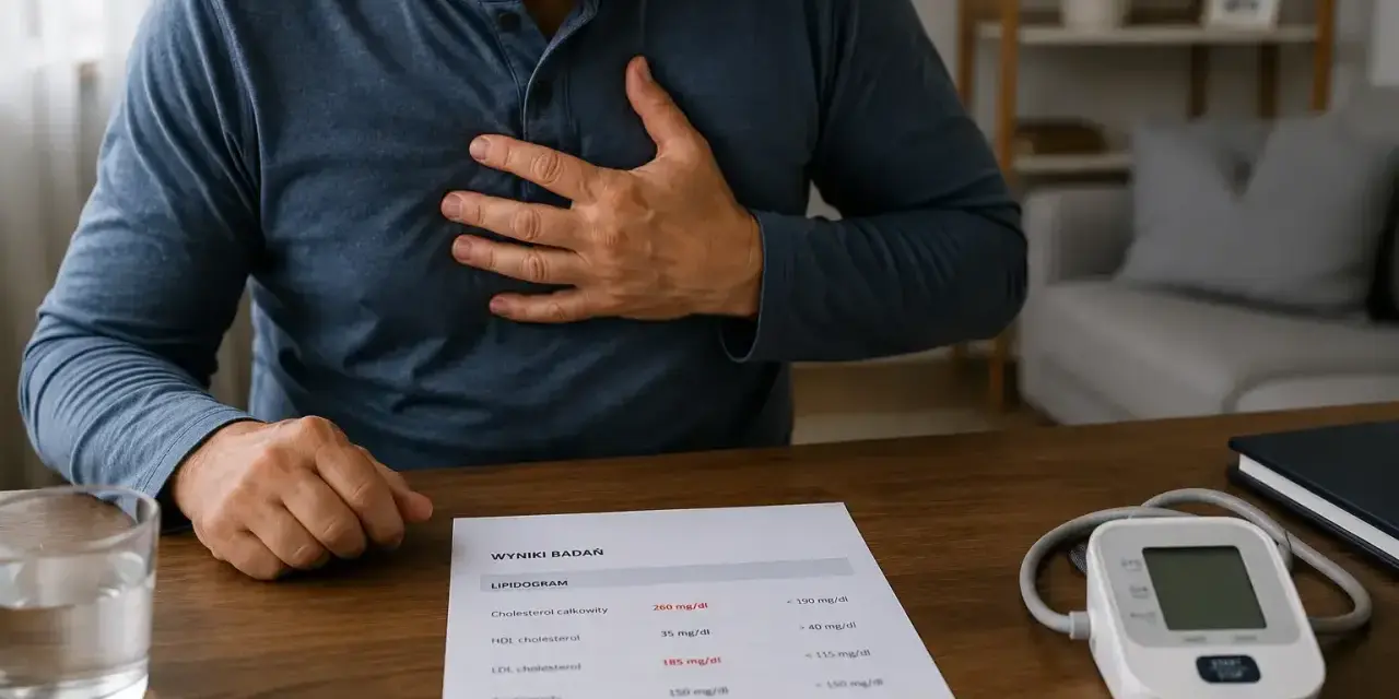 Mężczyzna z ręką na klatce piersiowej patrzy na wyniki lipidogramu, gdzie widać podwyższony cholesterol. Może to być sygnał do rozważenia suplementu Suvardio Plus.